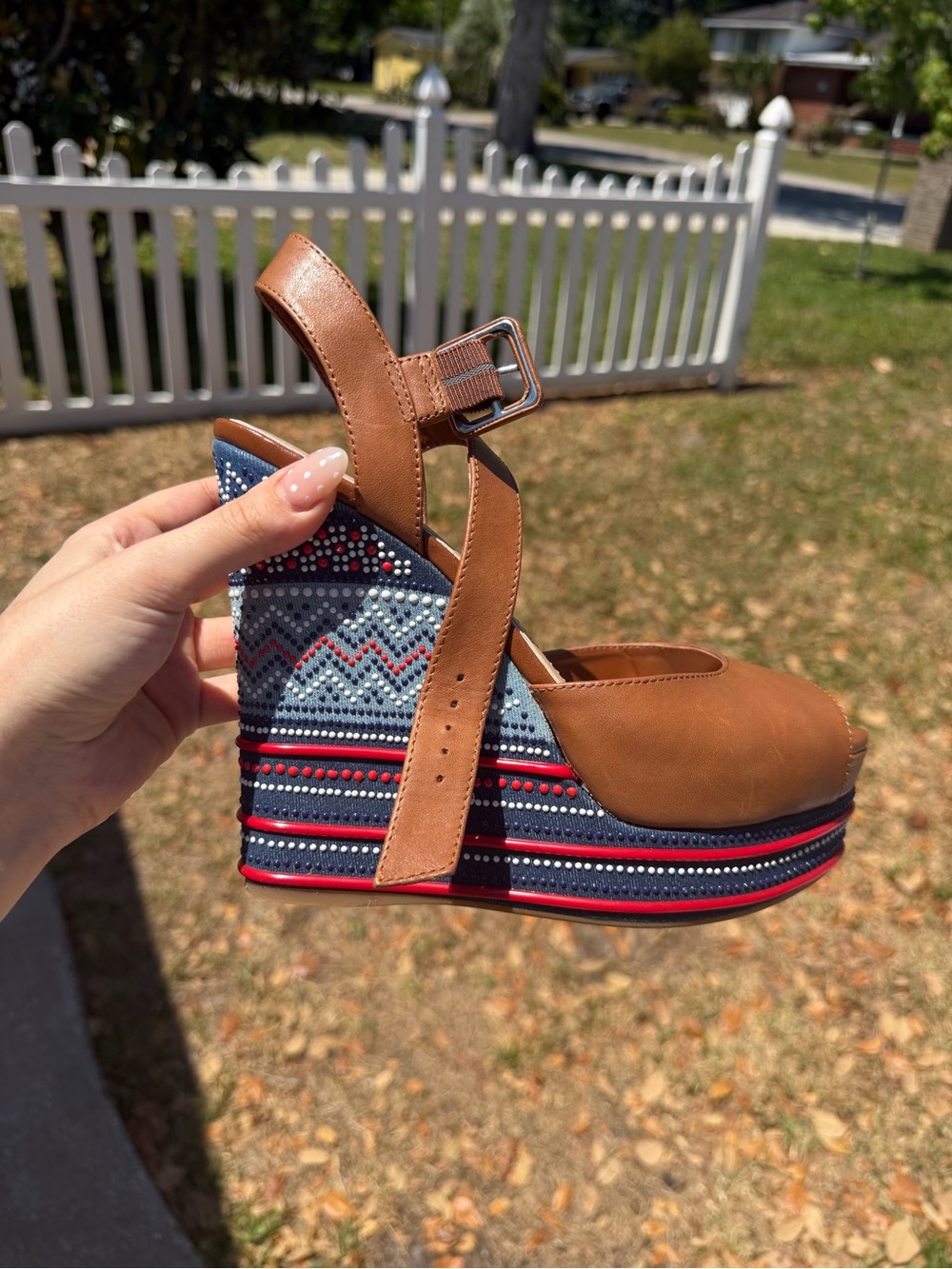 Brown Leather Wedge Sandals with Patterned Platform